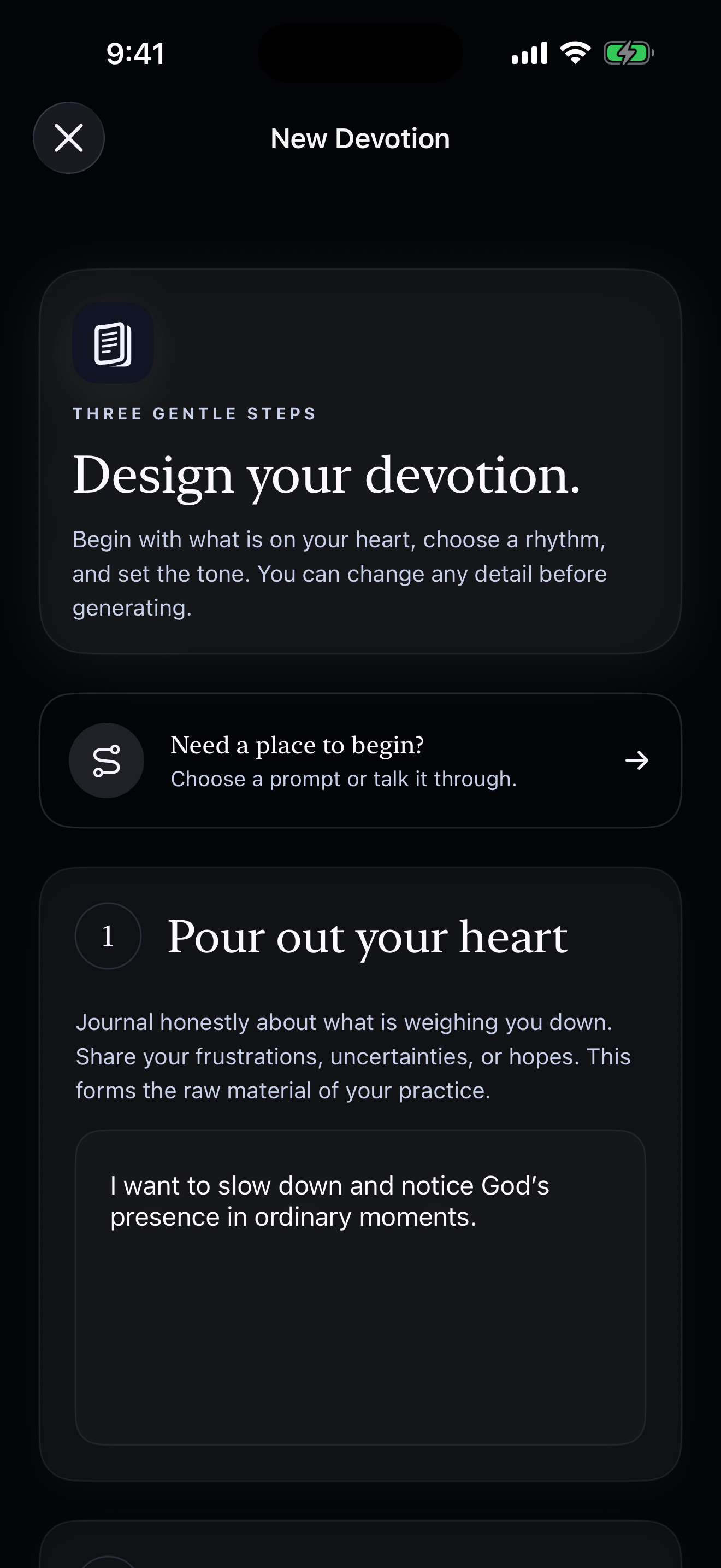 Creating a personalized devotional in dark mode