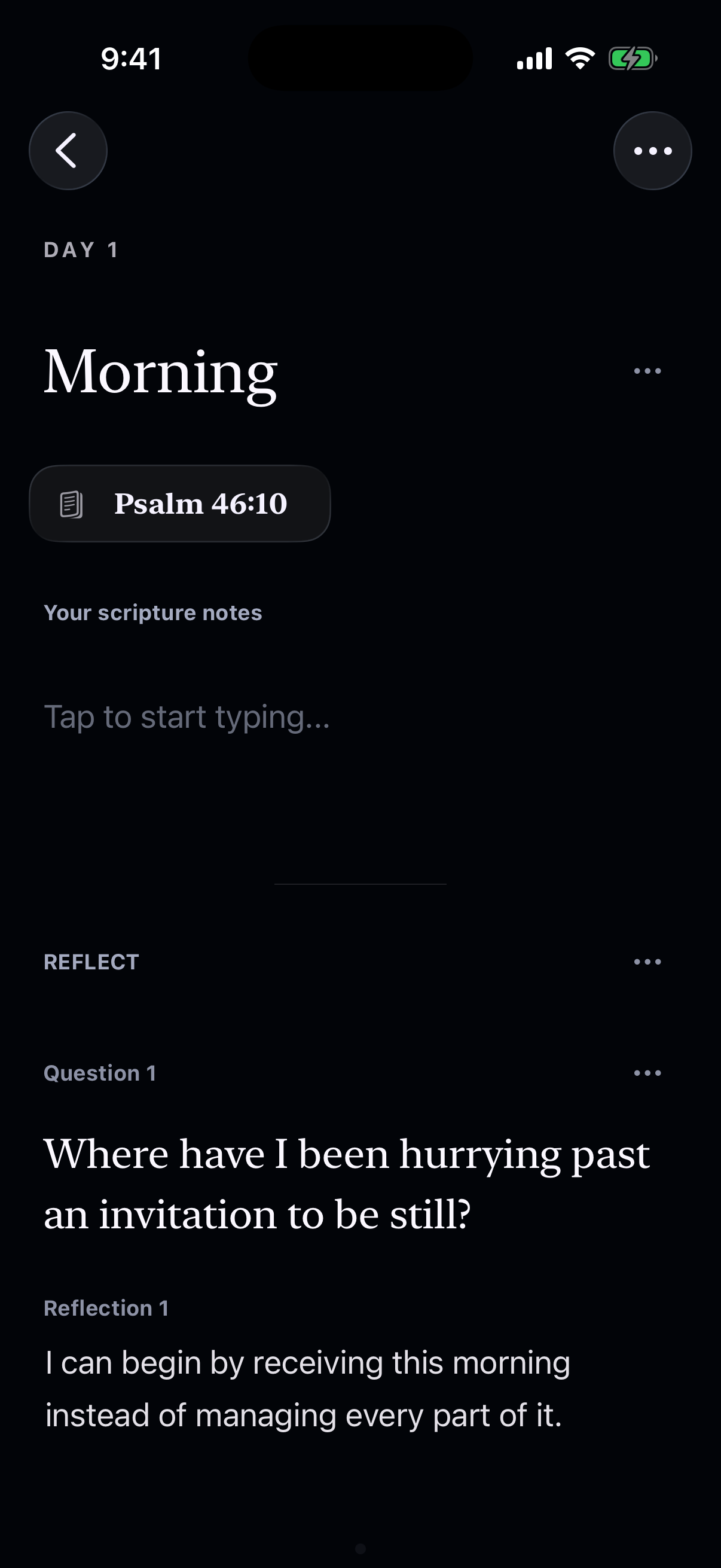 The devotional Step view with a personal reflection, in dark mode