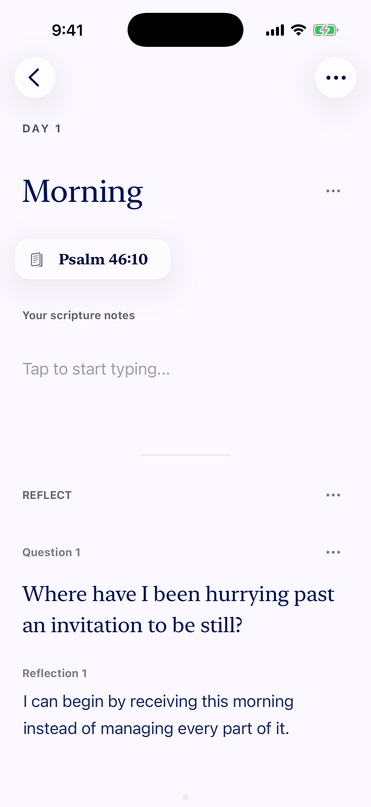 The devotional Step view with Scripture, a reflection question, and a personal answer