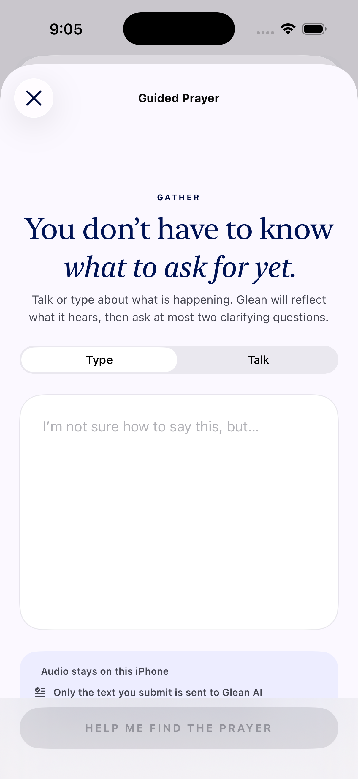 Guided Prayer helping someone find words in Glean