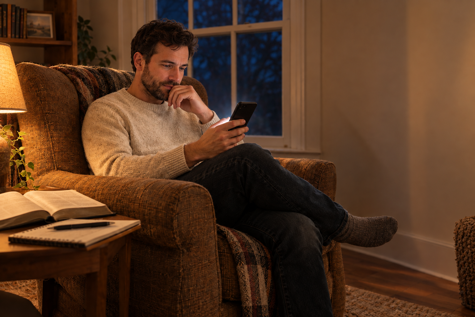 An illustrative evening at home: a man reads a devotional in his armchair by warm lamplight, with a Bible and notebook nearby