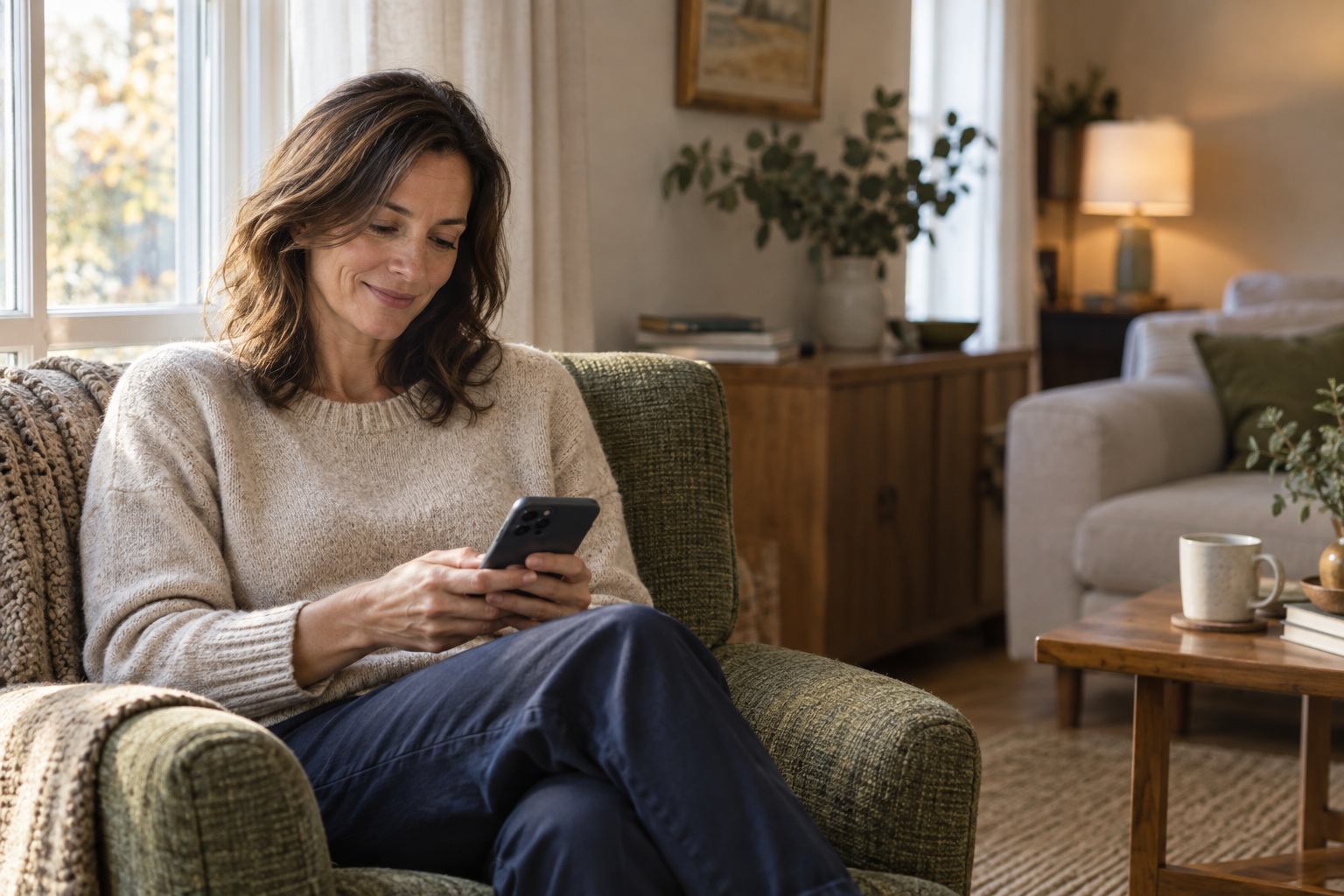 Illustrative scene: a woman quietly recording a moment on her phone by a sunlit window.