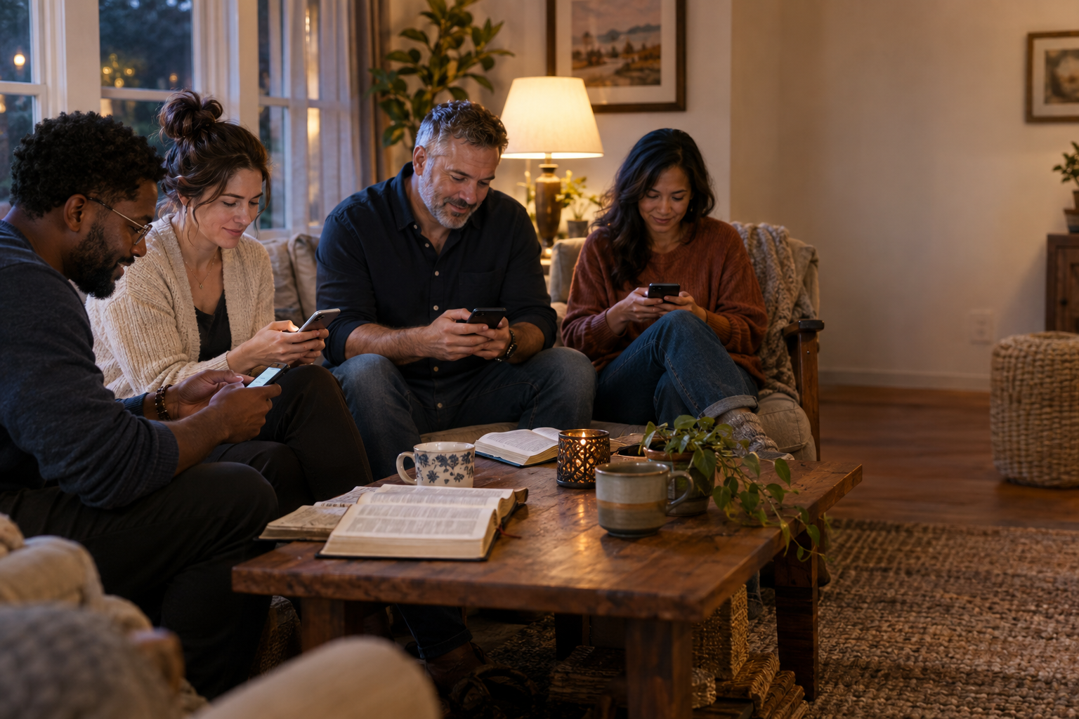 An illustrative evening prayer group: four friends type prayer requests on their phones as their gathering comes to a close