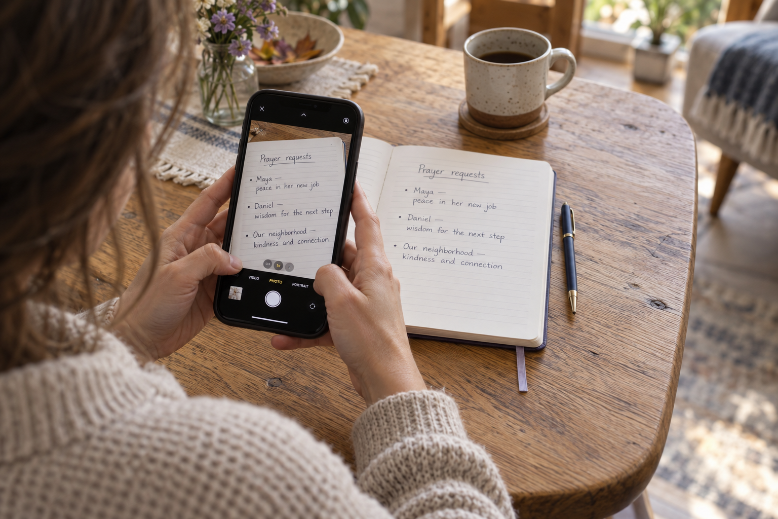 An illustrative morning scene: a woman photographs a handwritten list of prayer requests at her kitchen table