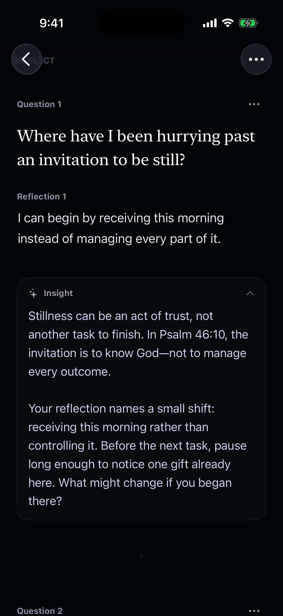 An expanded devotional Insight beneath a personal reflection, in dark mode