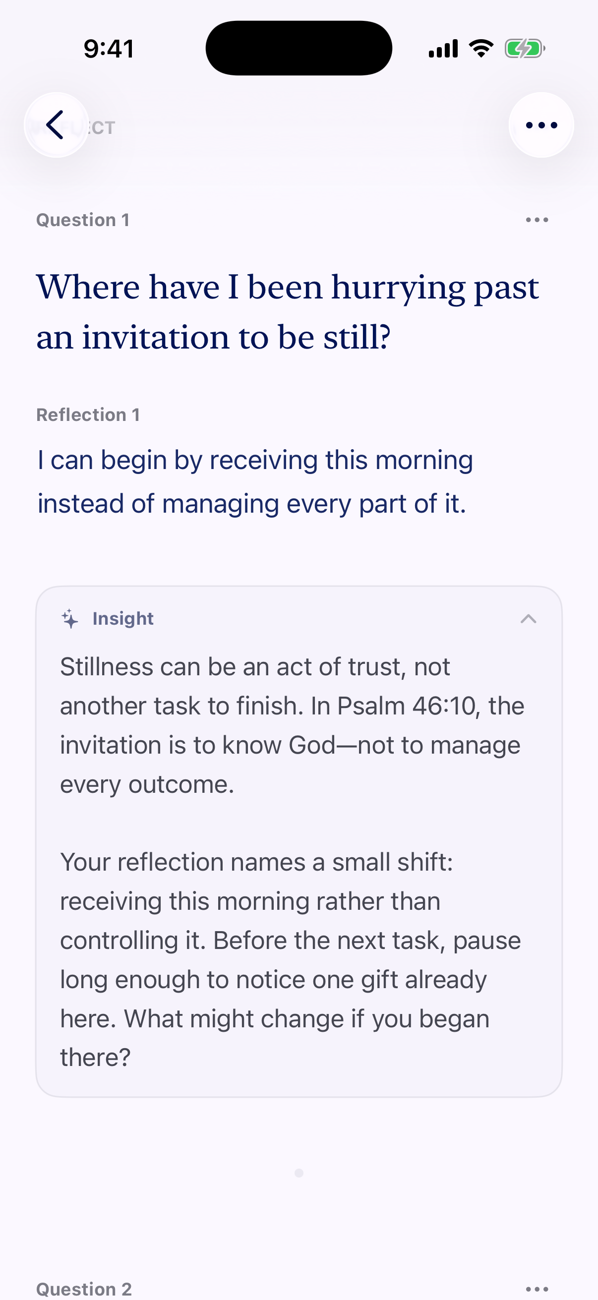 A personal reflection followed by an expanded AI-generated Insight in Glean’s devotional Step view