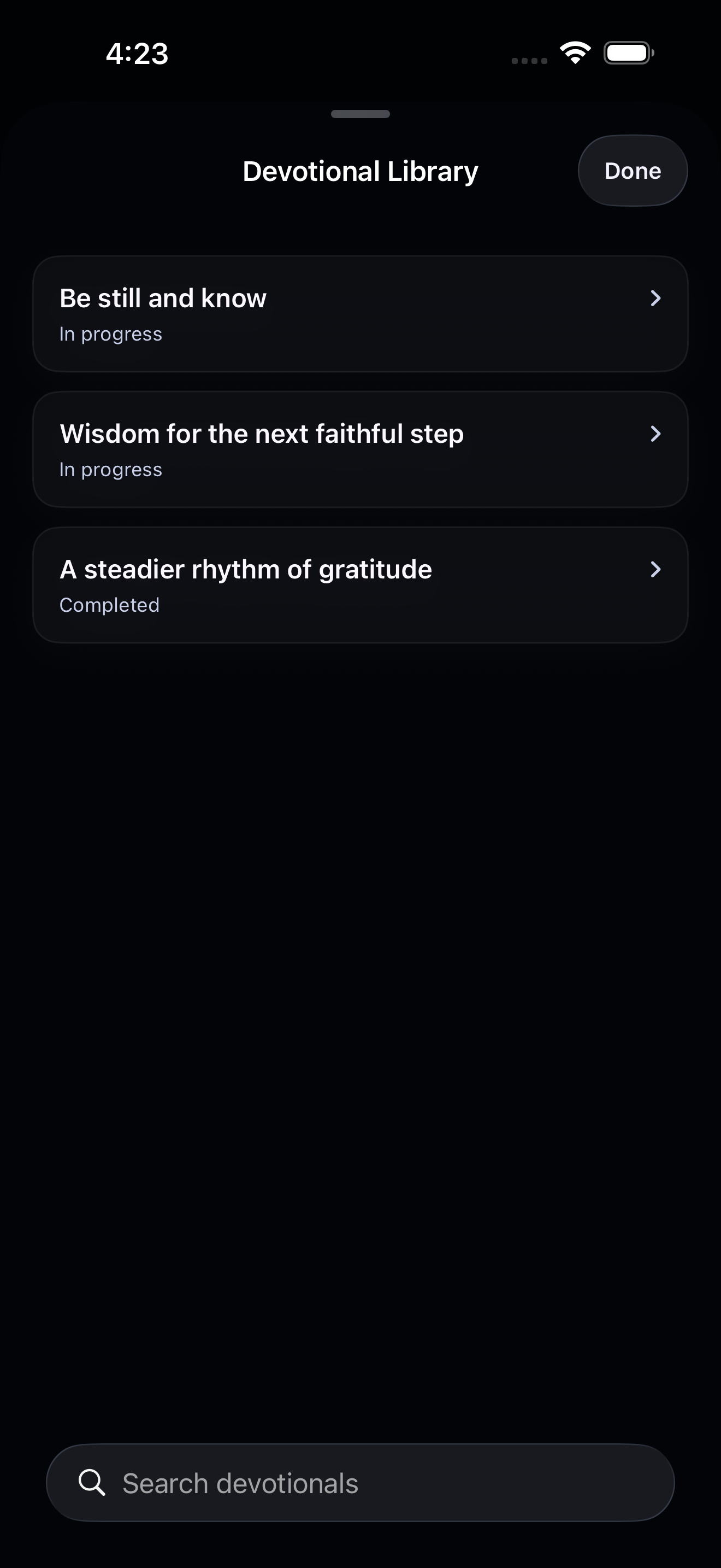 The Devotional Library sheet in dark mode