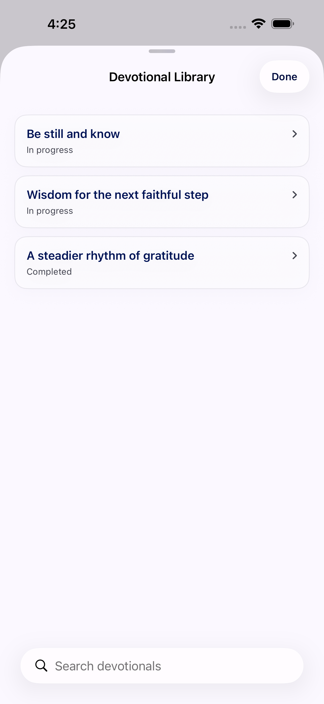 The Devotional Library sheet with active and completed devotionals in Glean for iPhone