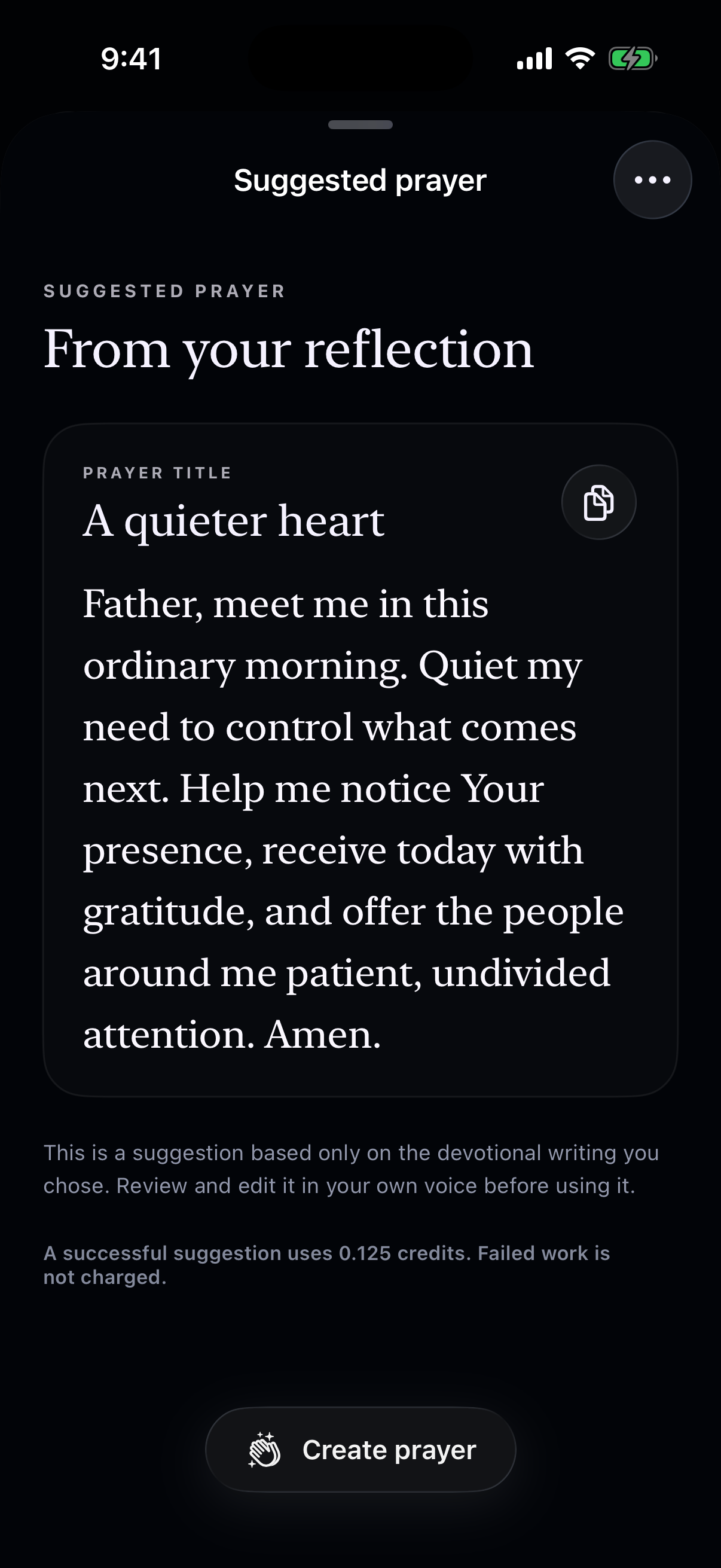Glean’s updated suggested-prayer sheet with the title A quieter heart, a copy control, and a floating Create prayer button, in dark mode