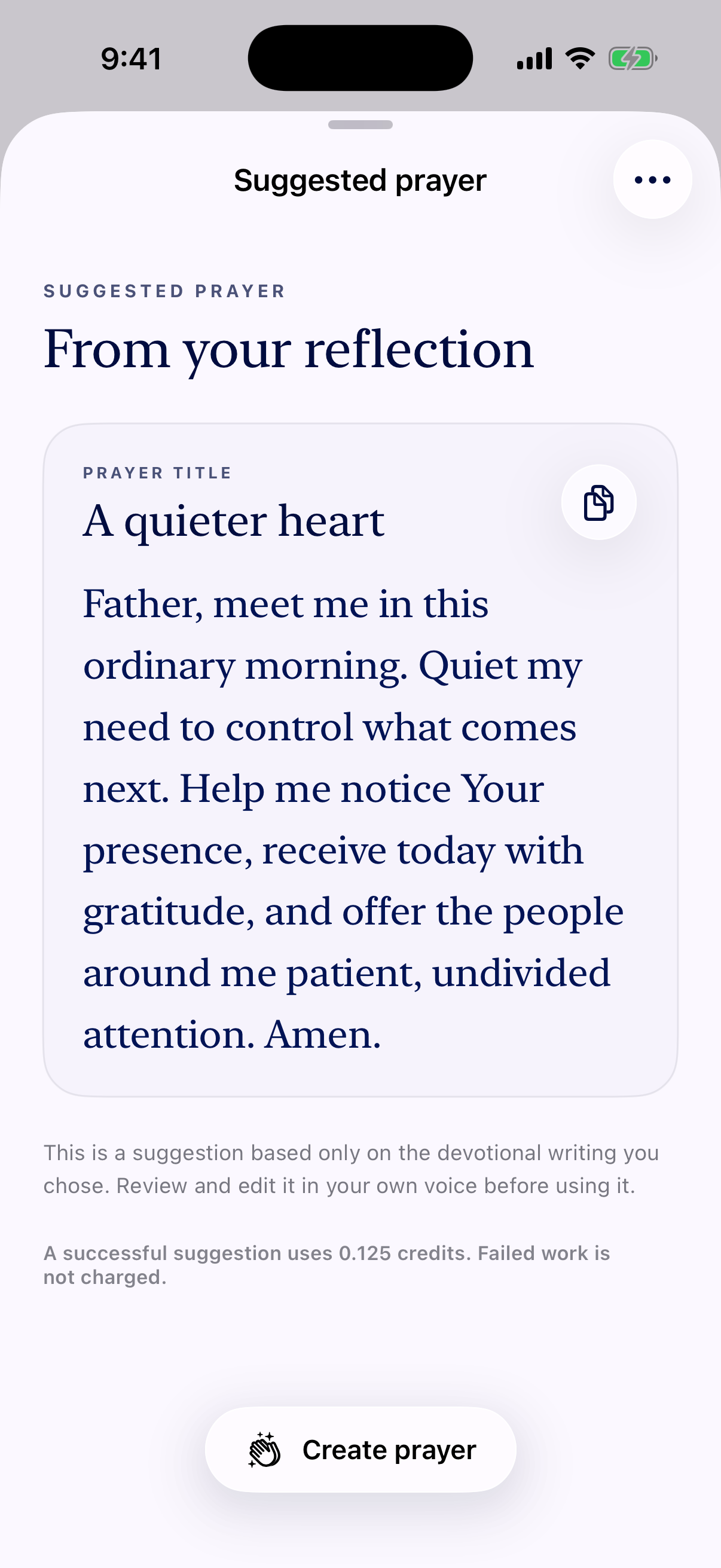 Glean’s updated suggested-prayer sheet with the title A quieter heart, a copy control, and a floating Create prayer button