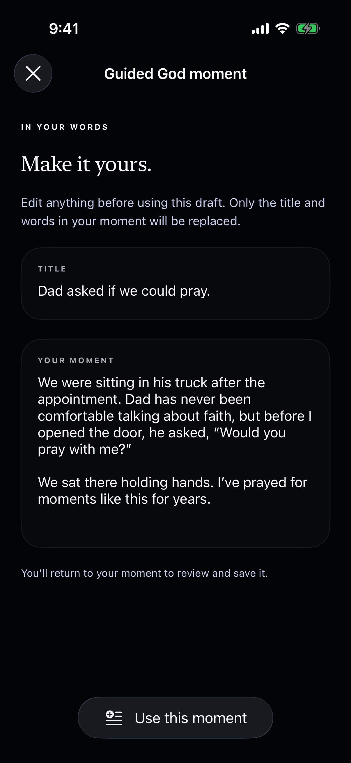 The editable Dad asked if we could pray draft in Glean’s guided God moment experience, in dark mode