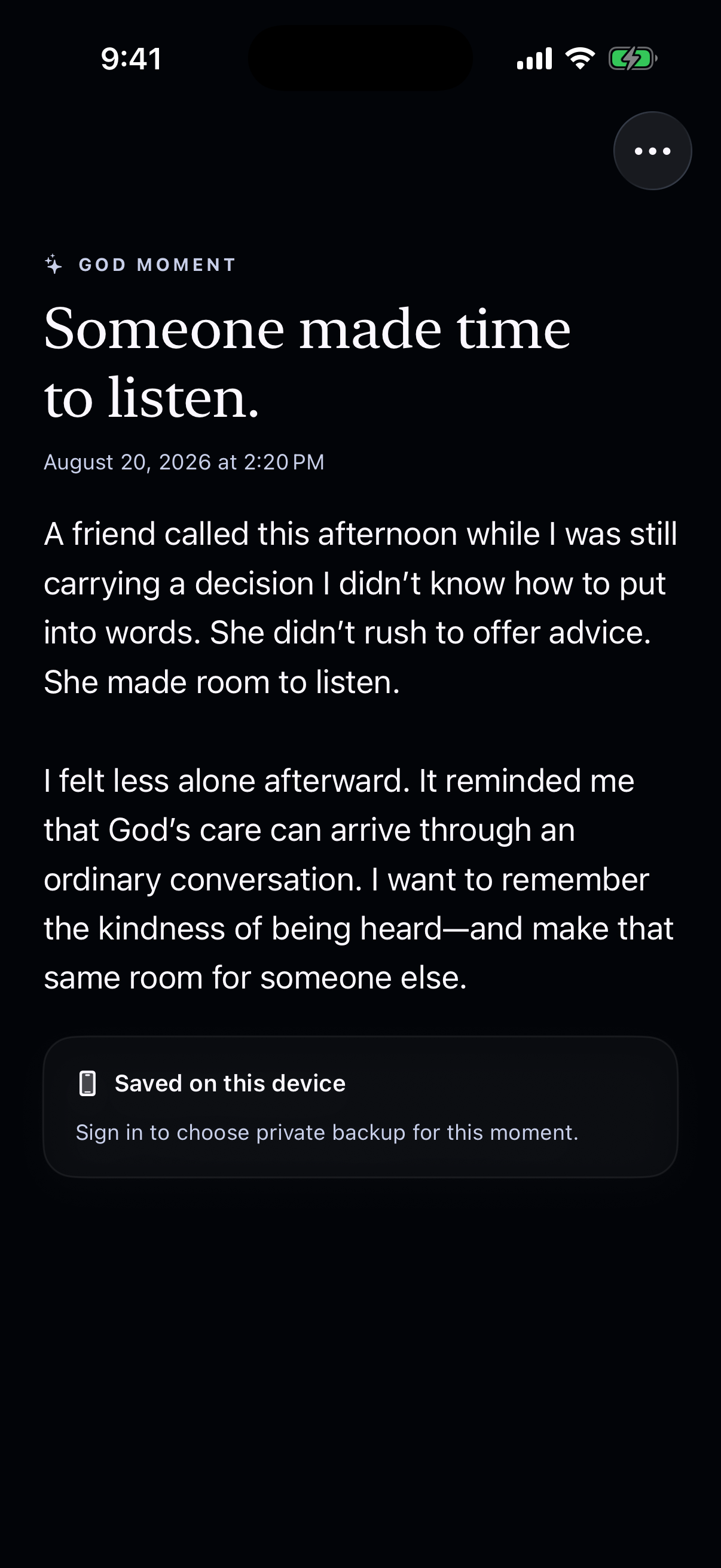A God moment in Glean’s dark mode: Someone made time to listen, a personal entry about a friend’s timely call.