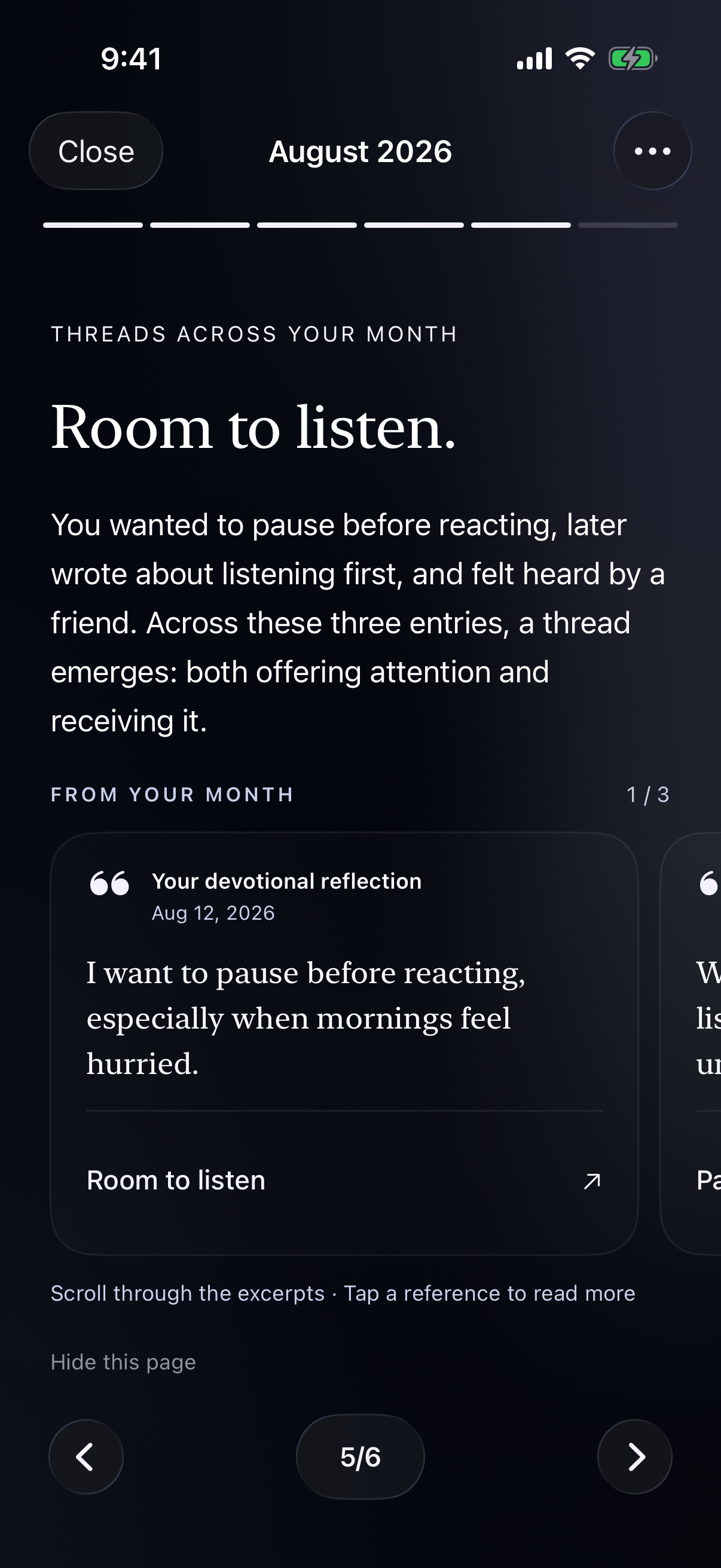 A monthly Memory connecting a devotional reflection, prayer update, and God moment around making room to listen, in dark mode