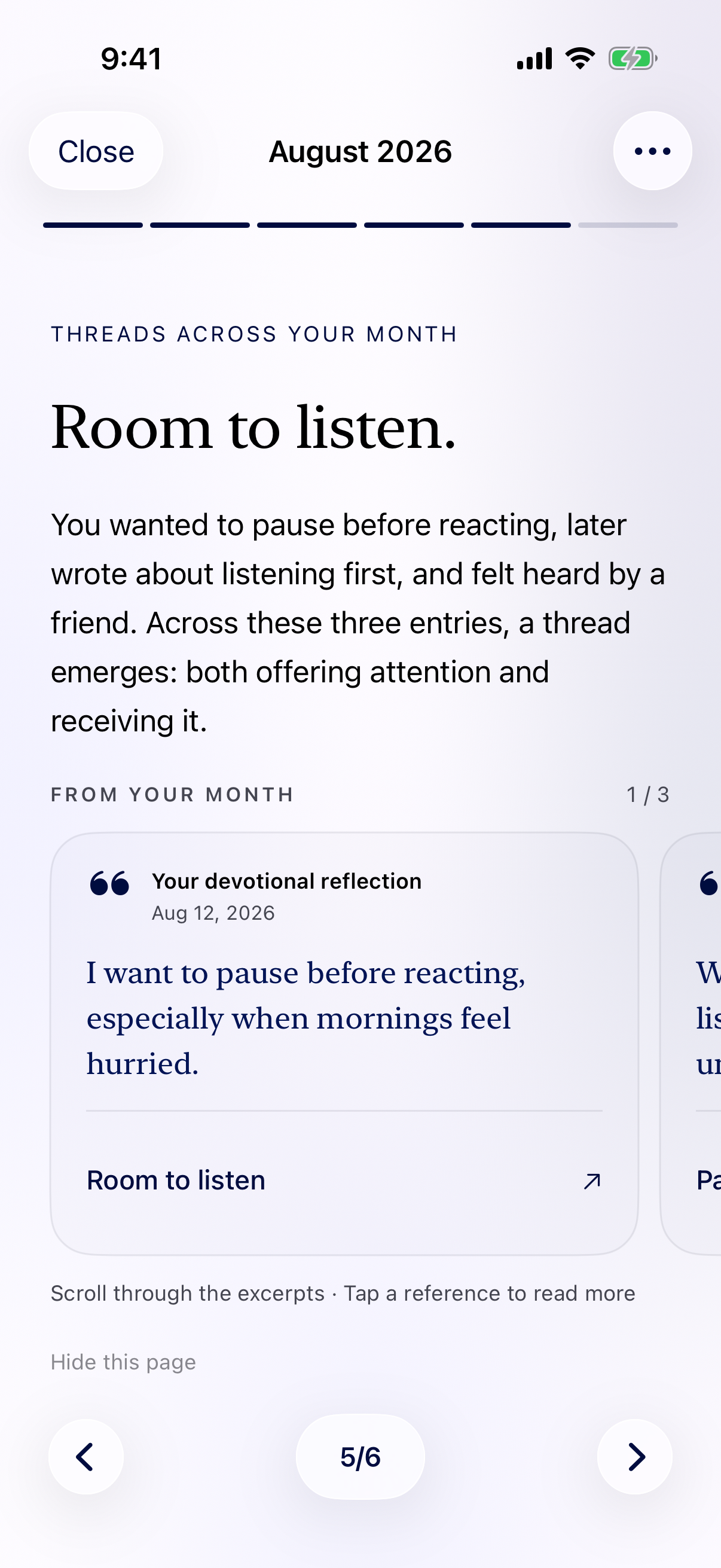 A monthly Memory connecting a devotional reflection, prayer update, and God moment around making room to listen