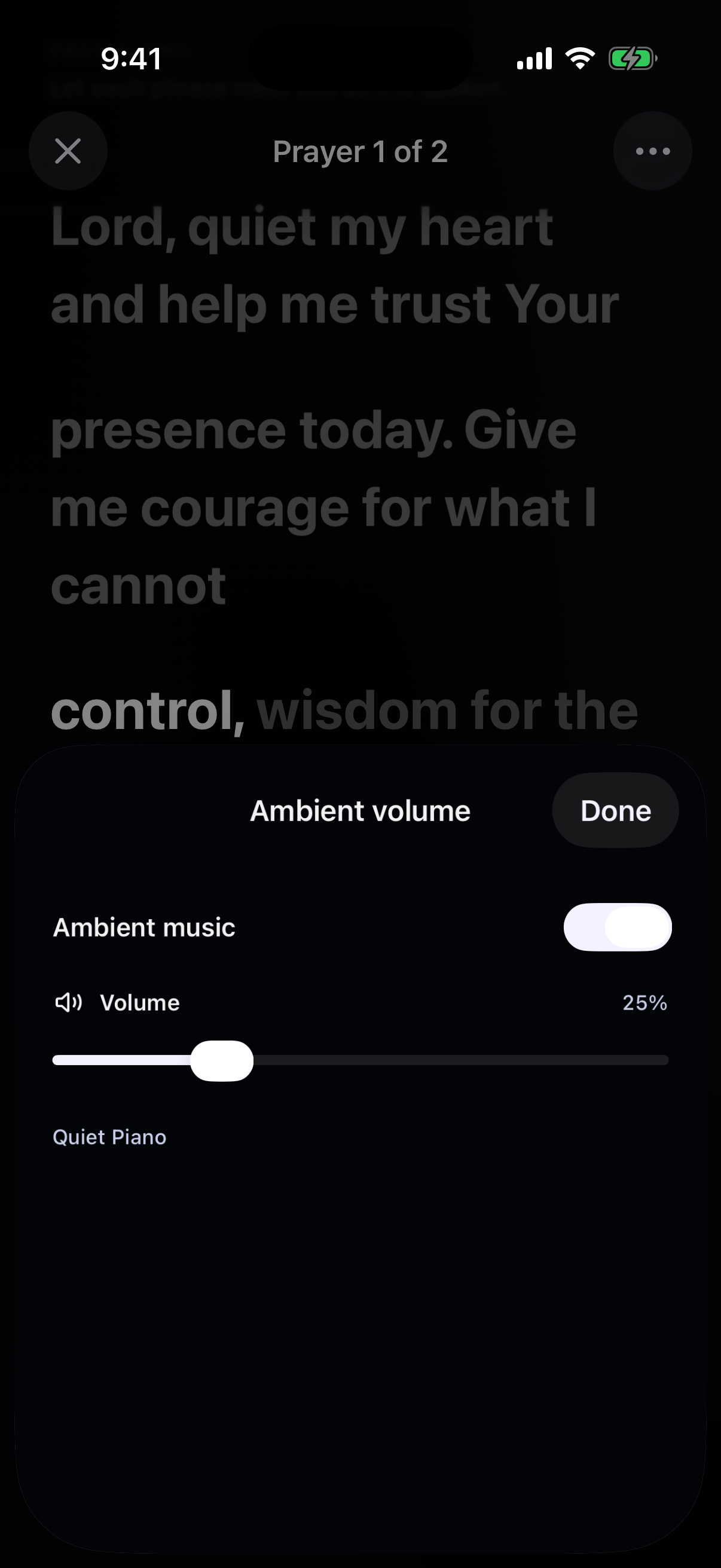 Ambient music enabled at 25 percent volume in Glean’s prayer session, in dark mode