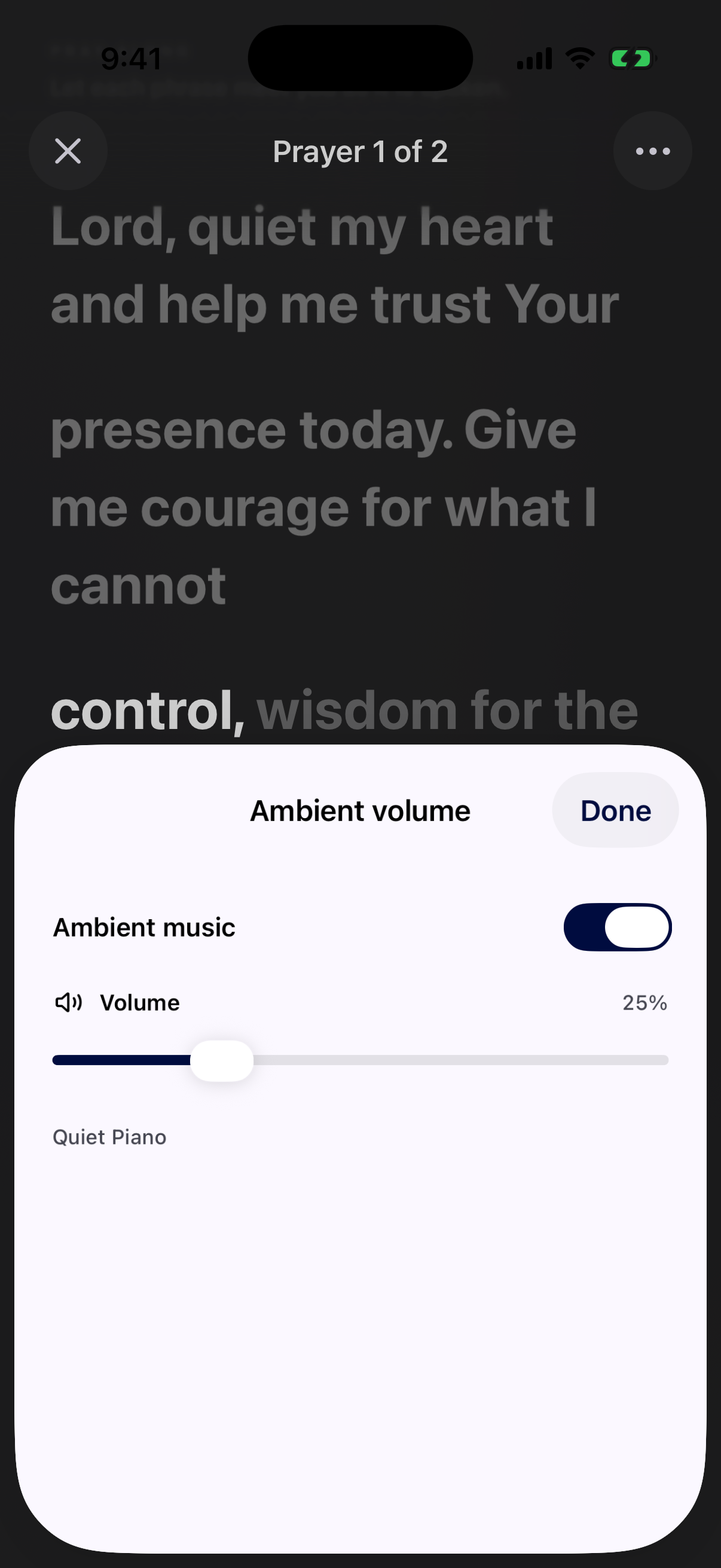 Ambient music enabled at 25 percent volume in Glean’s prayer session