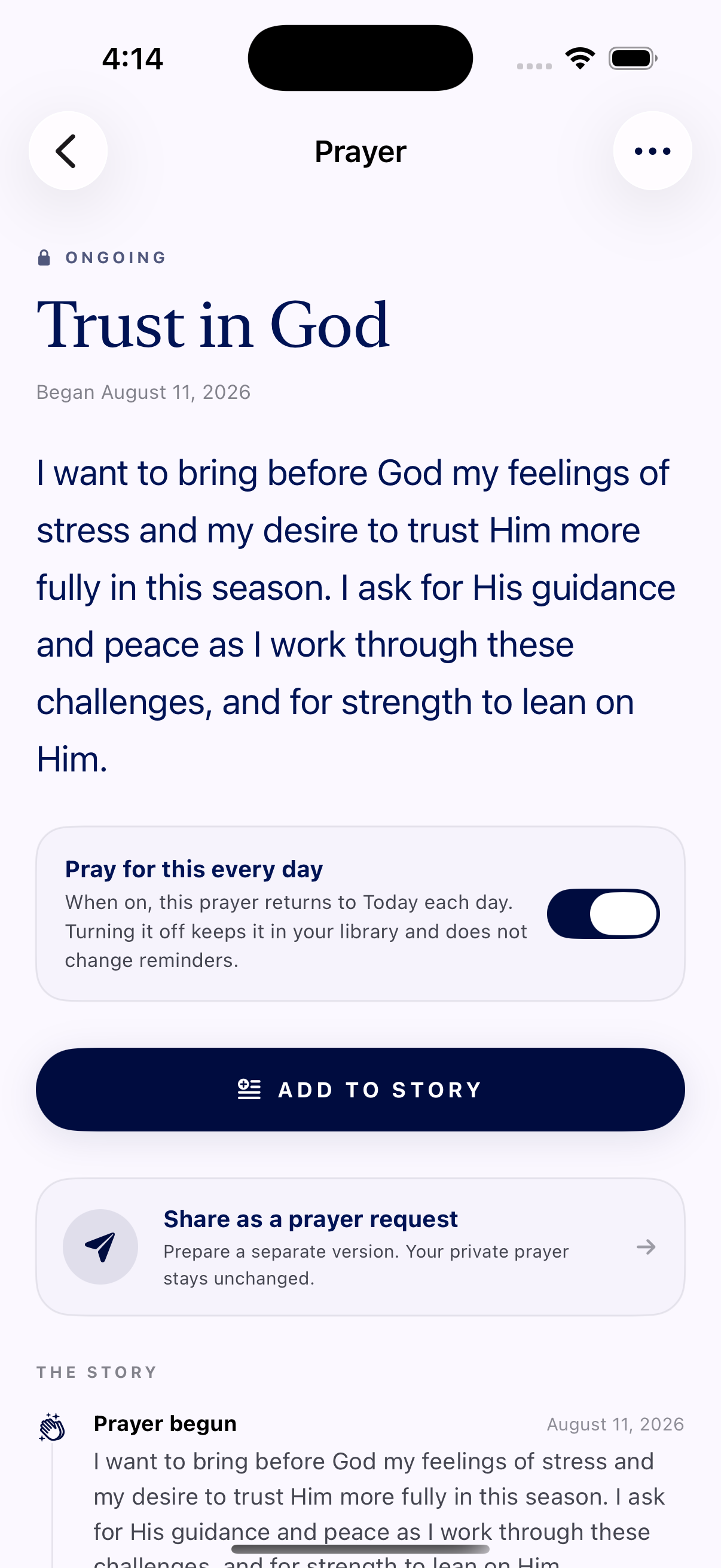 The Trust in God prayer detail with its daily setting, sharing action, and story timeline in Glean