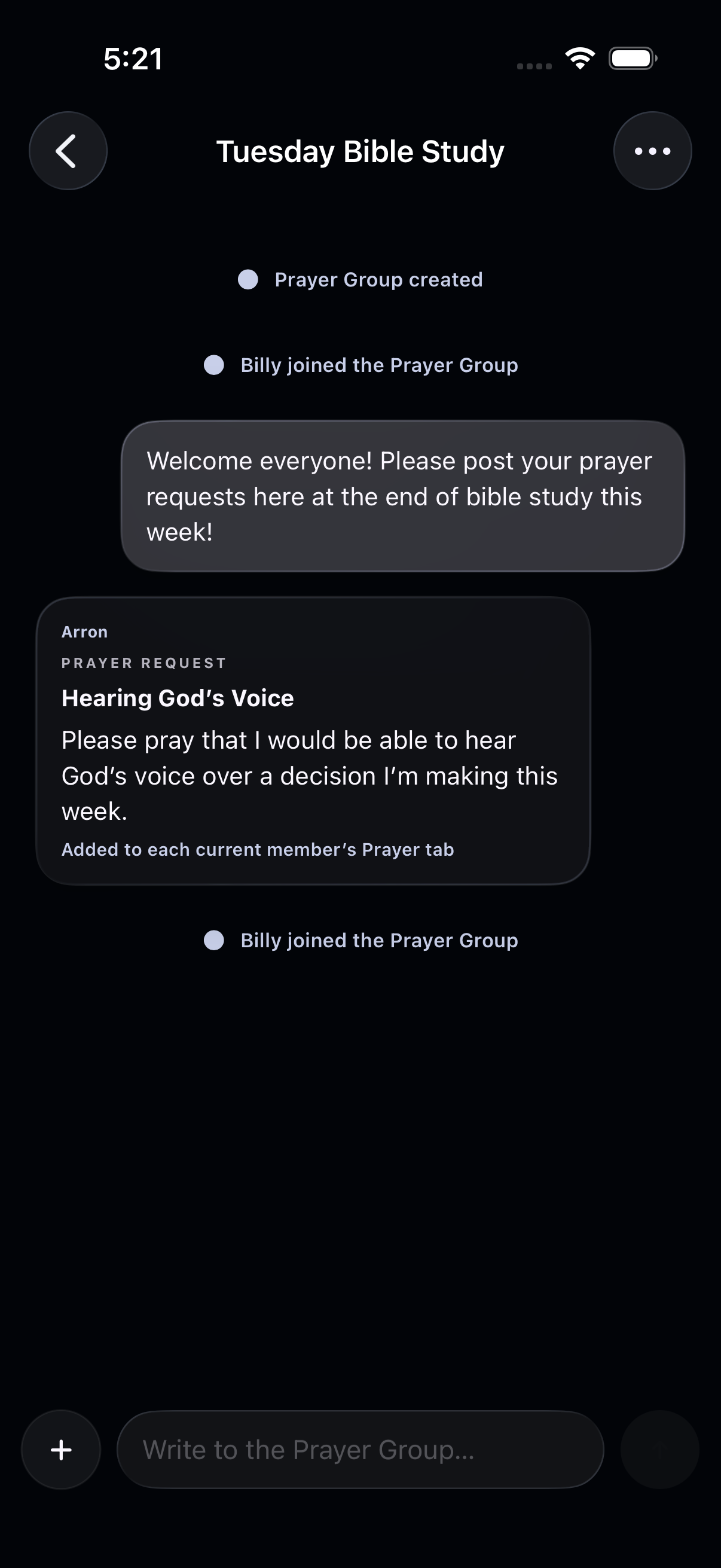 The complete Tuesday Bible Study Prayer Group screen in dark mode