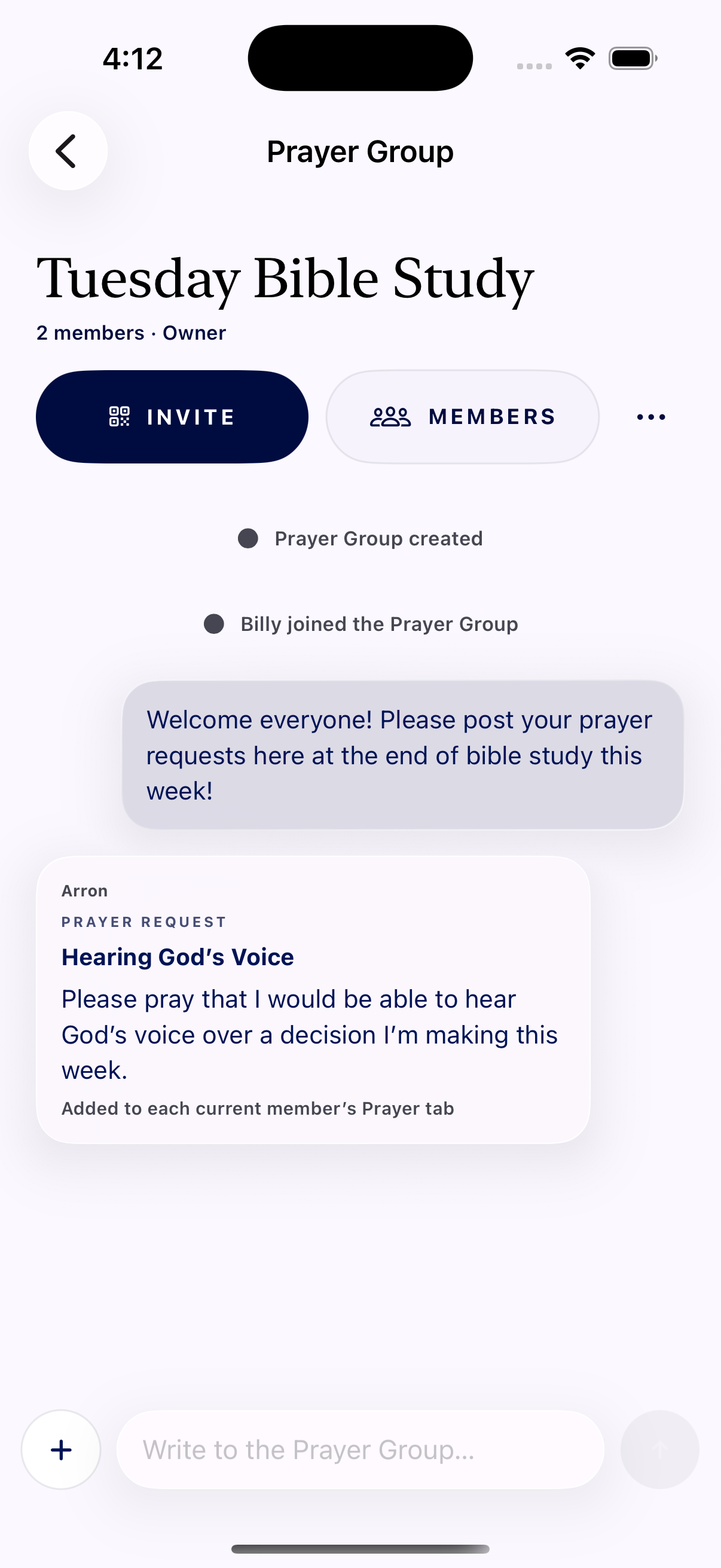 The complete Tuesday Bible Study Prayer Group screen with a welcome message, member prayer request, and message composer in Glean