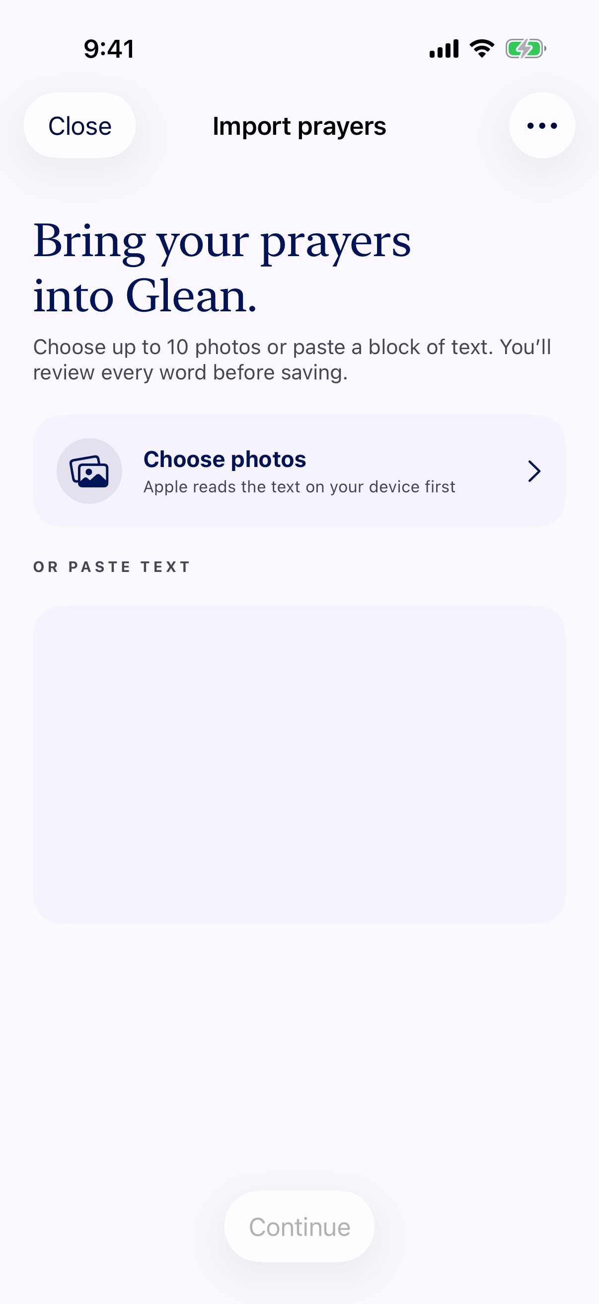 Glean’s Import prayers screen, with options to choose photos or paste a prayer list