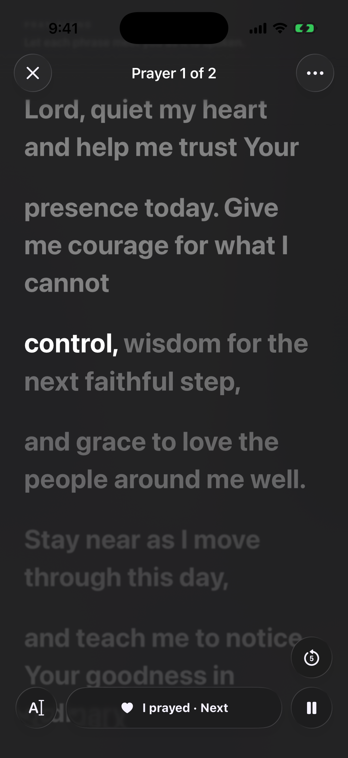 A Glean prayer session with synchronized words, audio controls, and I prayed Next