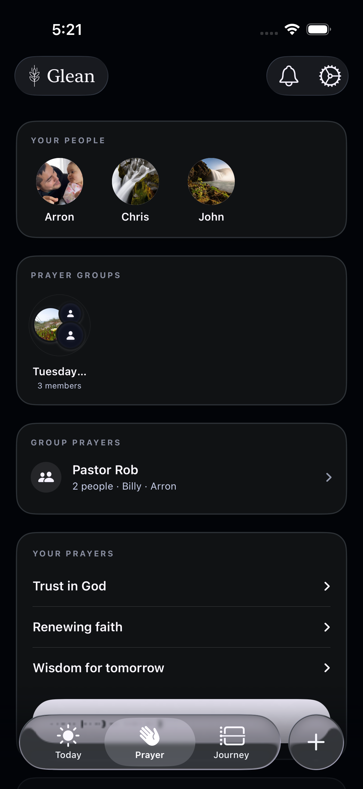The signed-in Prayer tab in dark mode