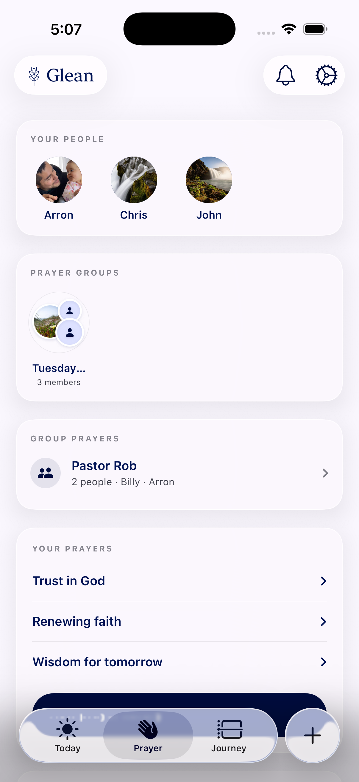 The signed-in Prayer tab with people, Prayer Groups, Group Prayers, and personal prayers in Glean for iPhone