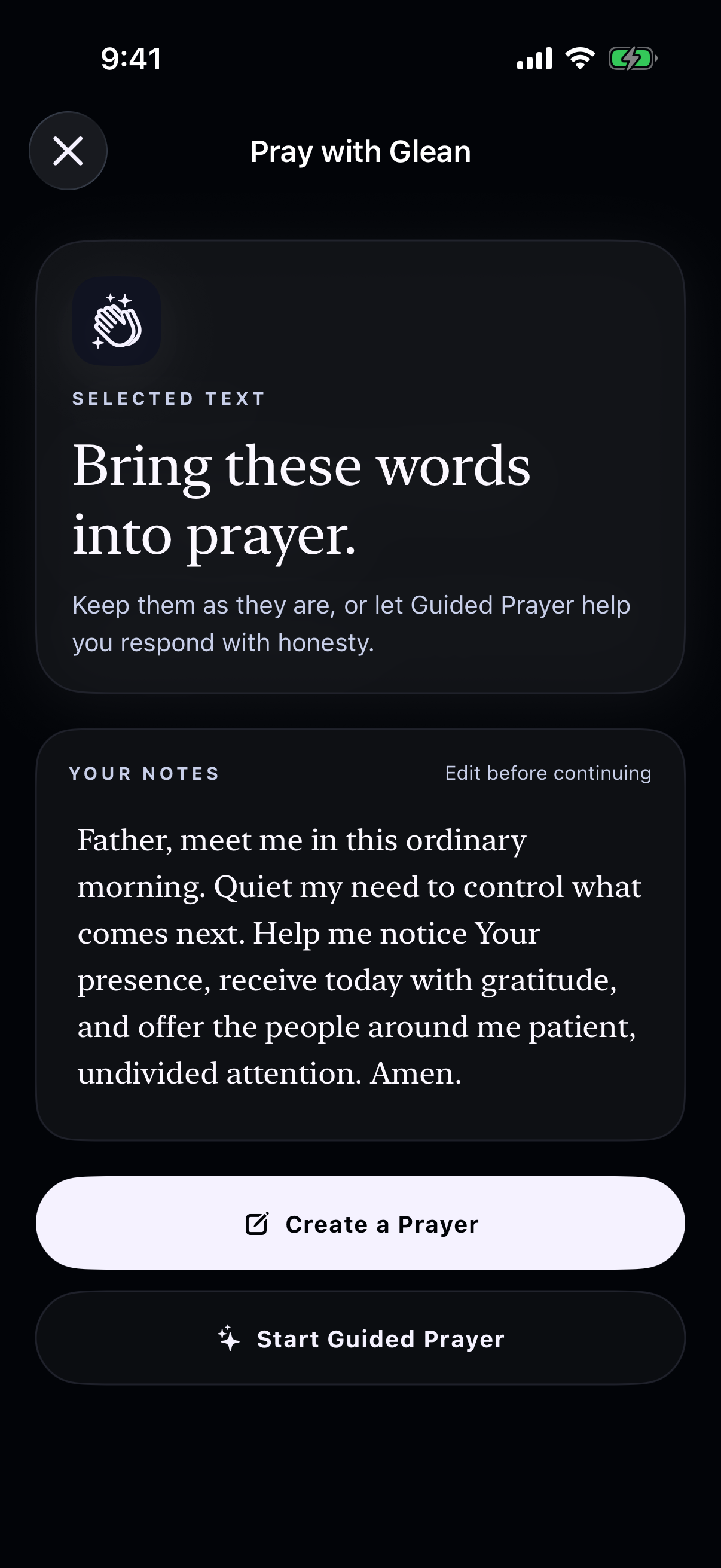 Pray with Glean in dark mode