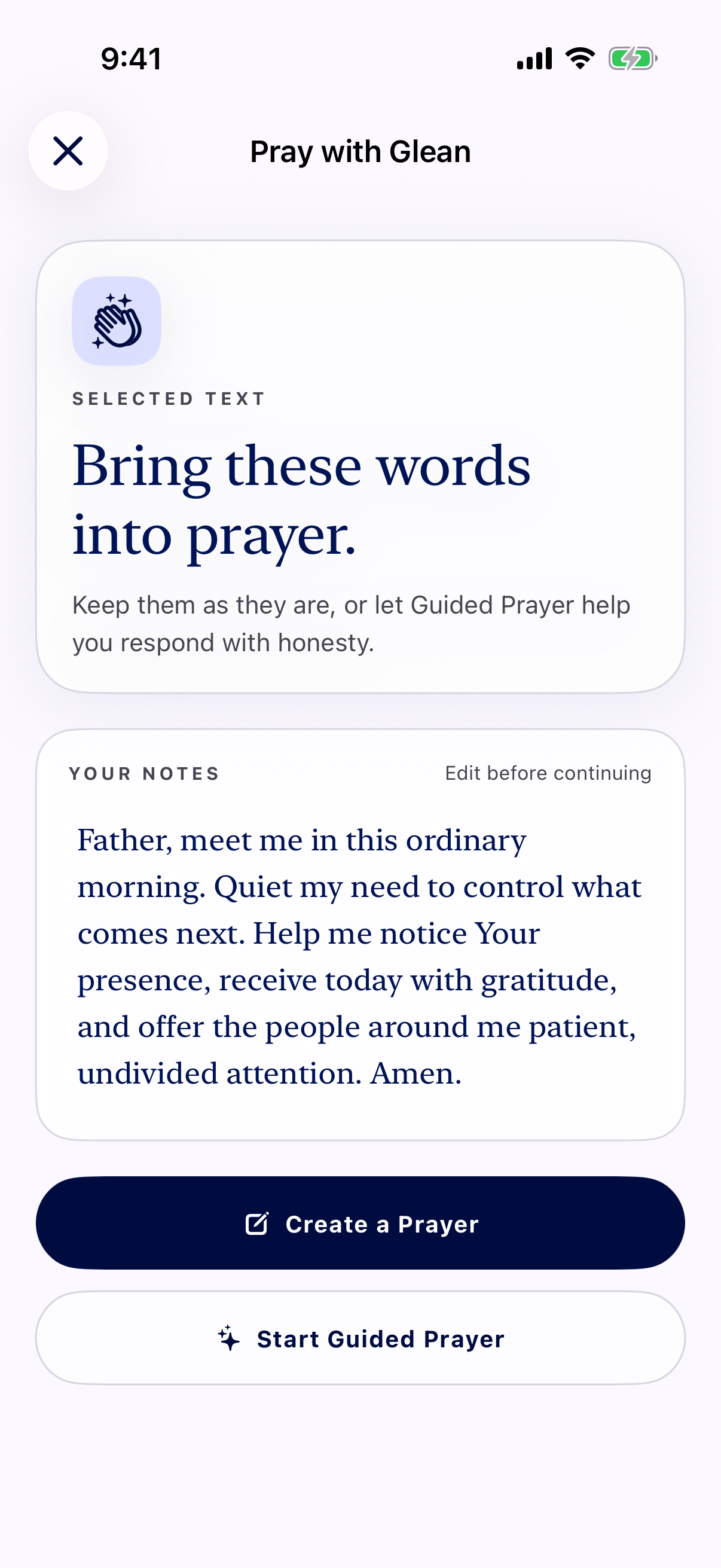 Pray with Glean turning selected text from another iPhone app into a prayer
