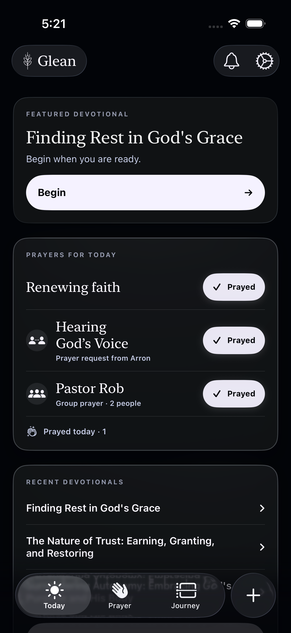 A real Glean Today screen in dark mode with a current devotional, prayers for today, and recent practices