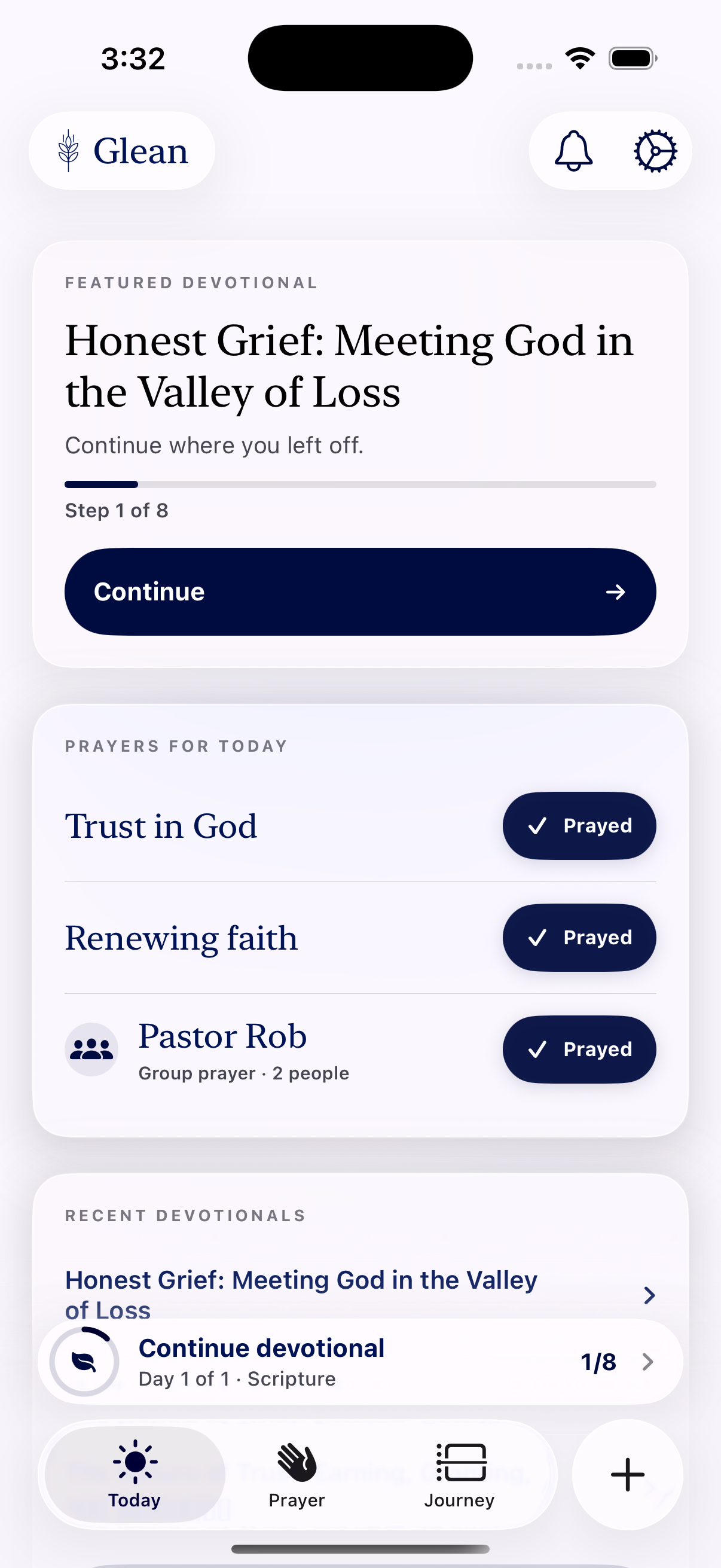 A real Glean Today screen with a current devotional, prayers for today, and recent practices